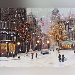 Winter City Street Scene Print with Snowy Lights